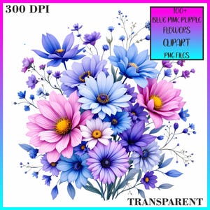 100+ Blau, Rosa, Lila Elegante Boho Blumen Clipart, Blau & Lila Zarte Botanische Blumen Clipart PNG Pack