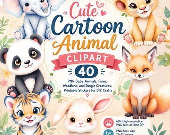 Cartoon babydieren clipart, 40 png boerderij, bos, jungledieren (digitale download)