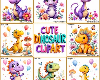 Può includere: Una collezione di immagini clipart di dinosauri dei cartoni animati colorati. Ogni dinosauro è raffigurato in uno stile carino e amichevole, circondato da fiori, palloncini e funghi. È presente anche il testo "CUTE DINOSAUR CLIPART".