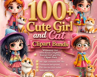 100+ Cute Girl and Cat Clipart Bundle, Whimsical Girl with Kitten Graphics, Kawaii Girl and Pet Clipart Pack, Cartoon Style Girl and Cat