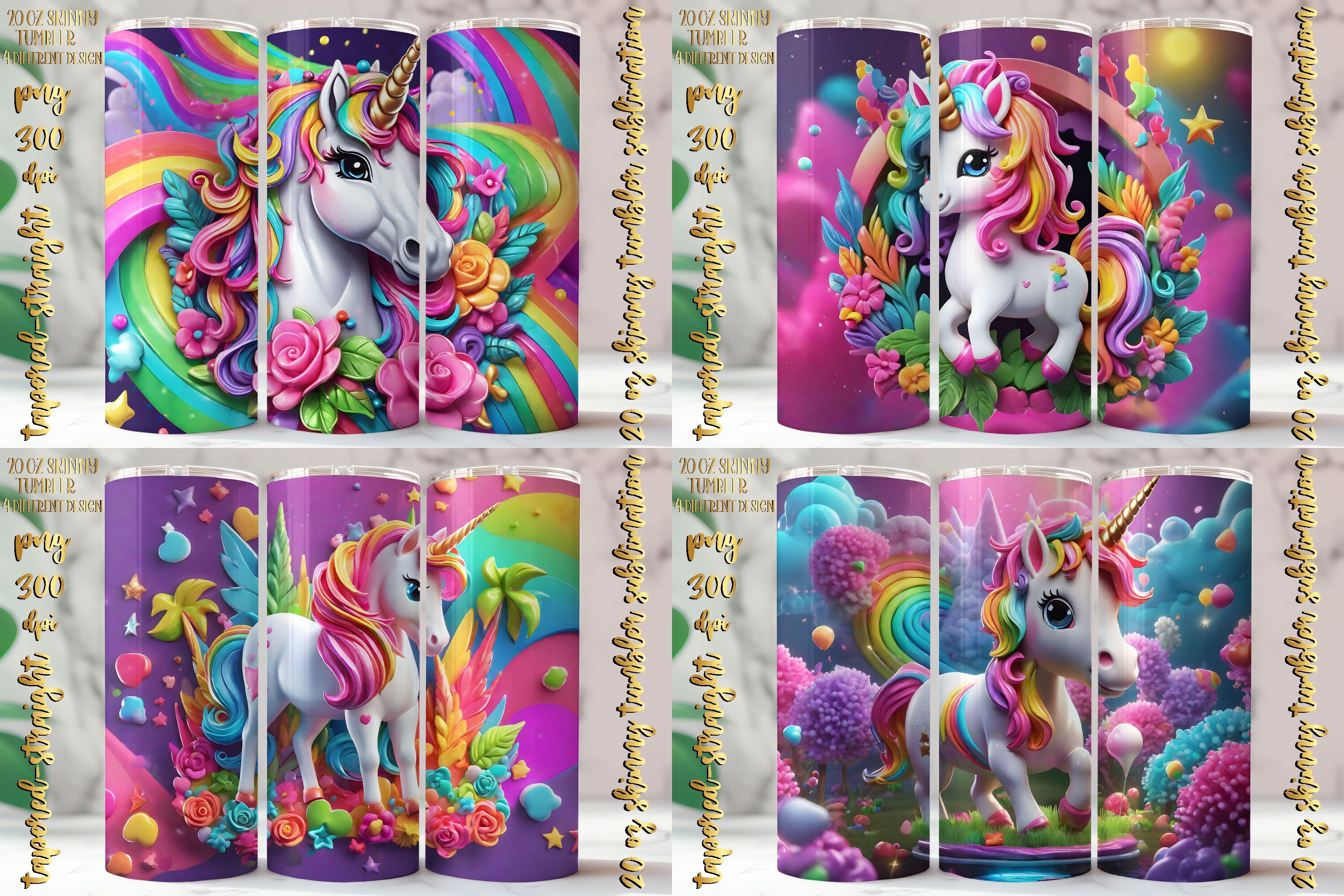 3D Neon Colors Unicorn Design 20 Oz Skinny Tumbler Wraps Png, Cute Unicorns Tumbler Template ...