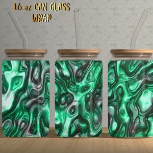 Diseño de envoltura de sublimación verde holográfico de lata de vidrio de 16 oz. Diseño de sublimación de vidrio de lata de textura 3D abstracta, diseño brillante de la lata de vidrio 3D de 16 oz