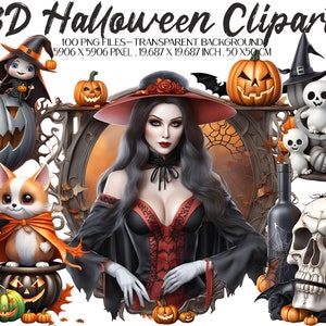 Paquete de imágenes prediseñadas de Halloween aterrador en 3D, 100 imágenes prediseñadas de personajes de Halloween en 3D PNG, diseños de sublimación de Happy Halloween, descargas digitales