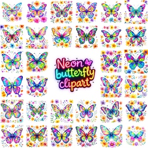 Neon Schmetterling Clipart-Set mit 120+ farbenfrohen PNGs für Sublimation, Scrapbooking, Karten und digitales Kunsthandwerk, Neonblumeninsektengrafiken