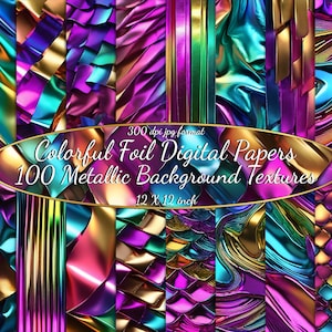 Kleurrijke folie digitale papers bundel, 100 metallic achtergrondstructuren, holografische metallic folie textuur achtergronden, digitale downloads