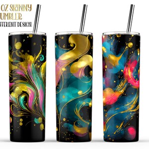 May include: Three 20 oz skinny tumblers with abstract designs. Each tumbler features a black background with colorful swirls of gold, teal, pink, and blue. The tumblers have a silver straw and the text "20 OZ SKINNY TUMBLER 3 DIFFERENT DESIGN".