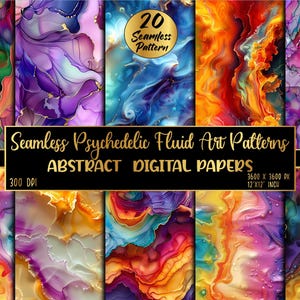 May include: 20 seamless digital paper patterns featuring abstract psychedelic fluid art in vibrant colors like purple, blue, green, orange, yellow, and red. Each pattern is 3600 x 3600 pixels, 12 x 12 inches, and 300 DPI.