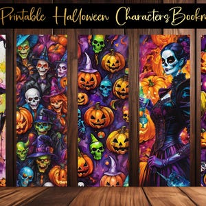 Puede incluir: Conjunto de 30 dise&ntilde;os de marcap&aacute;ginas de Halloween imprimibles con ilustraciones coloridas de calabazas, calaveras y personajes espeluznantes. Los marcap&aacute;ginas son perfectos para agregar un toque festivo a tu experiencia de lectura.