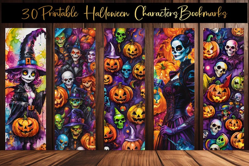 Puede incluir: Conjunto de 30 dise&ntilde;os de marcap&aacute;ginas de Halloween imprimibles con ilustraciones coloridas de calabazas, calaveras y personajes espeluznantes. Los marcap&aacute;ginas son perfectos para agregar un toque festivo a tu experiencia de lectura.