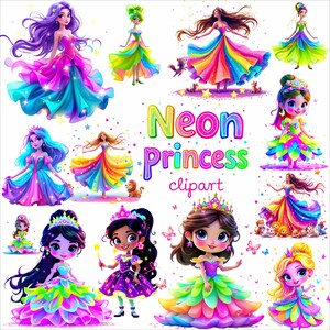 100+ Neon Princess Clipart Bundle,Digital Download for Girls & Crafts, Sparkling Princess Digital Clipart ,Fantasy Princess Clipart Set