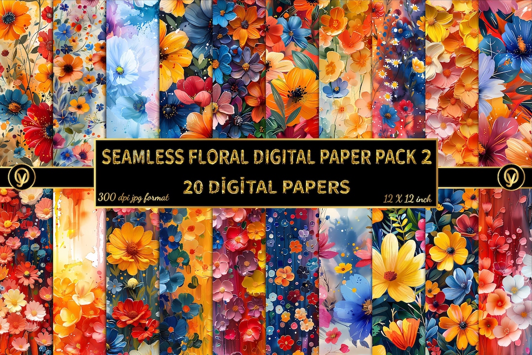 Vibrant Floral Digital Paper Set: Seamless Flower Patterns (JPG, 12x12 ...