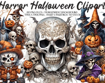Könnte beinhalten: Digitale Illustration mit Halloween-Clipart-Elementen. Das Bild zeigt Skelette, Kürbislaternen und Hexen in verschiedenen Posen. Der Text oben lautet "Horror Halloween Clipart". Das Bild ist 50 x 50 cm groß.