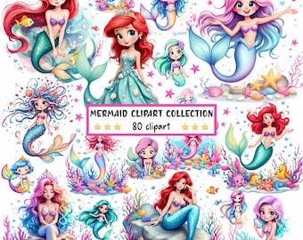 Puede incluir: Una colección de 80 imágenes de clipart de sirenas. Las imágenes presentan sirenas con colas de colores, conchas marinas, estrellas de mar y burbujas. El texto "Mermaid Clipart Collection 80 clipart" se muestra en el centro de la imagen.