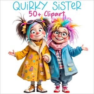 Quirky Playful Sisters Clipart, Cute Cartoon Girl PNG, Digital Hand-Drawn Illustrations for DIY, Printing,  T-Shirts Sublimation
