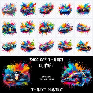 100 + Rennwagen T-Shirt Clipart Bundle mit Farbspritzer-Stil, bunte PNG-Dateien für Sublimationsprojekte, Rennwagen PNG Clipart für T-Shirt