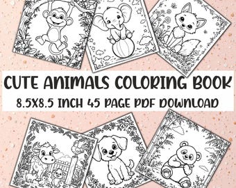 Libro para colorear de animales adorables de 45 páginas, PDF para colorear animales adorables, libro para colorear animales adorables para niños, descarga PDF instantánea