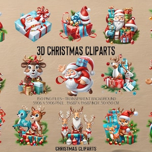 Pacchetto di clipart natalizie 3D, 150 clipart PNG di alta qualità, documenti digitali natalizi 3D, disegni di sublimazione natalizia, personaggi natalizi