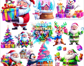 Neon Christmas Clipart Bundle, 120+ Bright Holiday PNGs with Santa, Snowman, Reindeer & Gifts