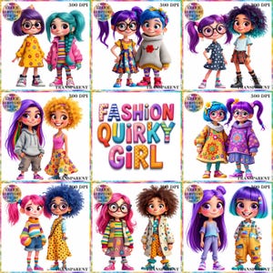 Quirky Circus Girls Clipart ,Fashion Doll Graphics for Crafts, Whimsical Circus Fashion Dolls Clipart Pack, Colorful Girls PNG Bundle