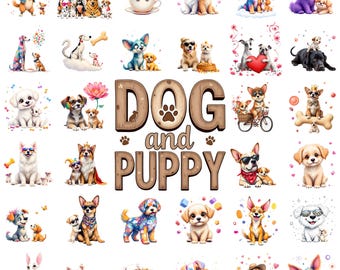 100+ Cute Dog and Puppy Clipart Bundle with Adorable Cartoon Pets, Playful Dog PNG Pack for Kids Crafts and Decor