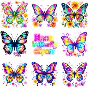 Neon Schmetterling Clipart-Set mit 120+ farbenfrohen PNGs für Sublimation, Scrapbooking, Karten und digitales Kunsthandwerk, Neonblumeninsektengrafiken