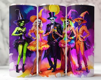 Envoltorio de vaso neón de Halloween: Personajes de terror, diseño delgado de 593 ml (descarga digital PNG y JPG)