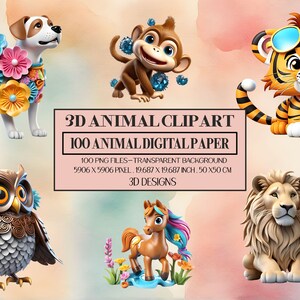 3D Realistische süße Tier Clipart 1, 100 3D Lustige Tiere Illustration, Hochwertige Tier Clipart PNG, 100 Digitale Tier Clipart Png