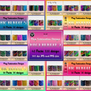 Pode incluir: Uma colagem digital de 40 pacotes de 120 designs de sublima&ccedil;&atilde;o de canecas. Os designs s&atilde;o coloridos e abstratos, com uma variedade de padr&otilde;es e texturas. Os designs s&atilde;o arquivos JPG e PNG de 300 dpi. O texto na imagem diz "Mug Sublimation Designs Mega Bundle 2 40 Packs 120 design 300 dpi JPG and PNG files".