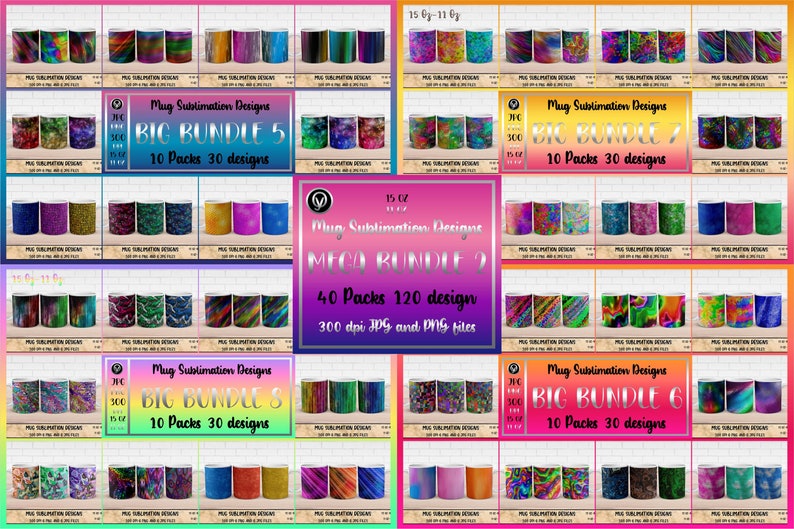 Pode incluir: Uma colagem digital de 40 pacotes de 120 designs de sublima&ccedil;&atilde;o de canecas. Os designs s&atilde;o coloridos e abstratos, com uma variedade de padr&otilde;es e texturas. Os designs s&atilde;o arquivos JPG e PNG de 300 dpi. O texto na imagem diz "Mug Sublimation Designs Mega Bundle 2 40 Packs 120 design 300 dpi JPG and PNG files".