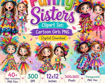 Schwestern Clipart Set: Cartoon Mädchen PNG (digitaler Download)