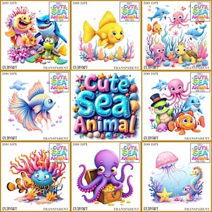 120+ Cute Sea Animal Clipart PNG Bundle | Ocean Creatures, Fish, Octopus, Turtle, Jellyfish & More | Transparent 300 DPI