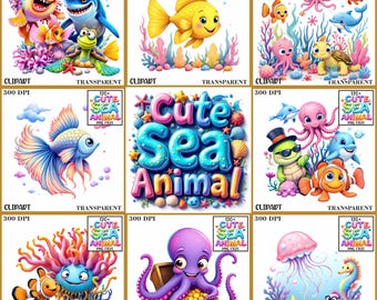 120+ Cute Sea Animal Clipart PNG Bundle | Ocean Creatures, Fish, Octopus, Turtle, Jellyfish & More | Transparent 300 DPI