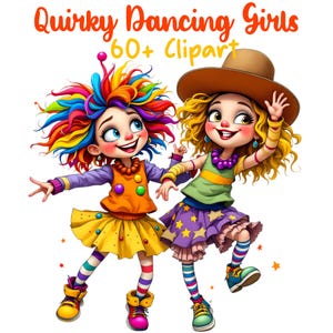 Paquete de imágenes prediseñadas de chica bailando peculiar, más de 60 dibujos animados extravagantes PNG, ilustración divertida y juguetona de chica para sublimación, imágenes prediseñadas de chica bailando juguetona