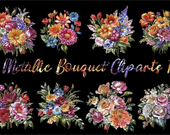 Metallic Flower Bouquet Clipart: 24 PNG Floral Illustrations (Digital Download)
