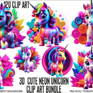 3D Neon Einhorn ClipArt's Bundle, süßes Regenbogen Farben Einhorn PNG, 120 mehrfarbige lustige Einhorn Sublimationsdesigns PNG, TRansparent PNG