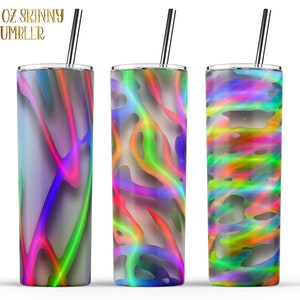 May include: Three 20 oz skinny tumblers with vibrant, abstract designs. Each tumbler features a different pattern of colorful, flowing lines against a gray background. The tumblers have silver straws and the text "20 oz Skinny Tumbler" is visible.