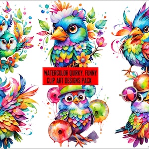 200 Watercolor Funny, Quirky Birds ClipArt&#39;s,  Rainbow Colors Cute Birds PNG Designs, Funny Birds Sublimation Designs PNG