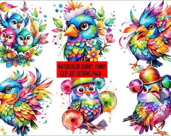 Aquarell lustige Vögel Clipart: Regenbogen PNG Designs (digitaler Download)