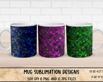 Abstract Glossy Plaid Coffe Mug Sublimation Wrap Mini Bundle,Blue,Pink,Green Geometric Coffe Cup Sublimation Png Template