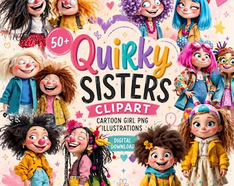 Quirky Sisters Clipart: Cartoon Girl PNG Illustrations (Digital Download)