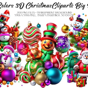 Neon Colors 3D Christmas Cute Clipart Big Bundle, 200 PNG di alta qualità Clipart, documenti digitali 3D Christmas Fantasy, disegni di sublimazione