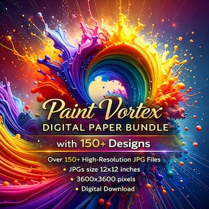 Paint Vortex Digital Paper Bundle with 150+ Designs, Rainbow Swirl Abstract Color Splash Backgrounds for Creative Art