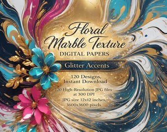 Papeles digitales con textura de mármol floral: Acentos brillantes (120 diseños, descarga instantánea)