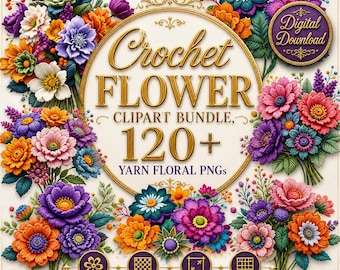Paquete de imágenes prediseñadas de flores de ganchillo, más de 120 imágenes PNG de flores de hilo (descarga digital)