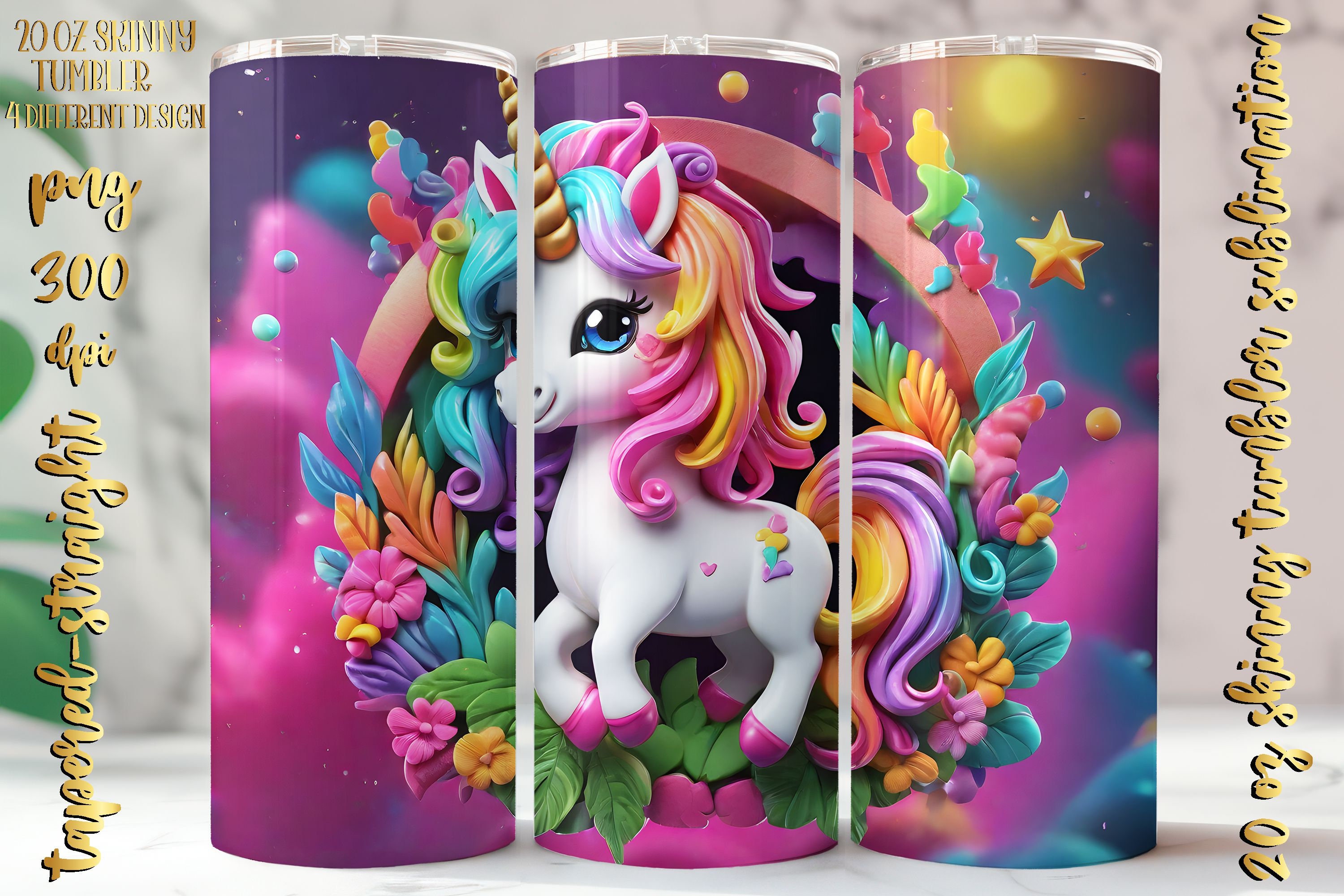 3D Neon Colors Unicorn Design 20 Oz Skinny Tumbler Wraps Png, Cute ...