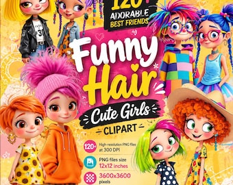 Lustiges Haar süsse Mädchen Clipart | 120+ Entzückende Beste Freunde PNG |  Sublimations-Designs im Bundle