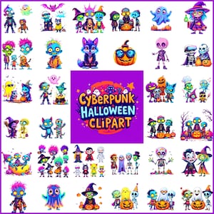 Cyberpunk Halloween Clipart Bundle | 100+ Neon Spooky Characters for Sublimation, Crafts & Digital Design