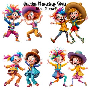 Happy Dancing Girls Clipart, Whimsical Cartoon Girl Clipart, Playful Dancing Girl Clipart, 60+ Cartoon PNG Digital Art, T-Shirts Sublimation