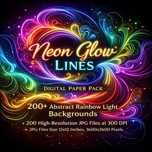 Neon Glow Lines Digital Paper Pack, 200+ Abstract Rainbow Light Backgrounds, Futuristic Colorful Swirls for Design, Scrapbooking