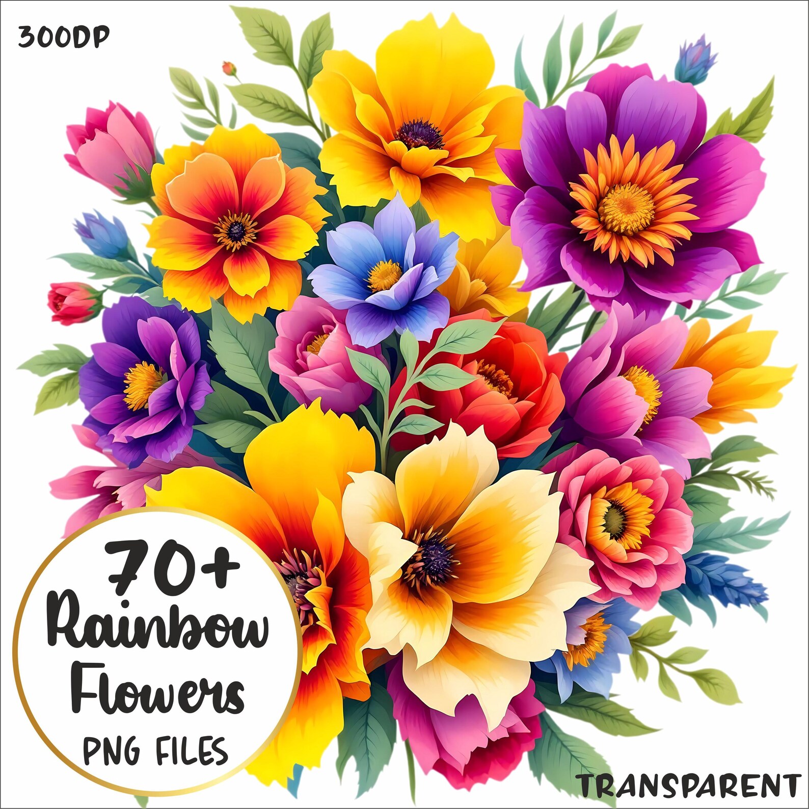Rainbow Flowers Clipart Bundle: Watercolor Floral PNG Set (digital ...